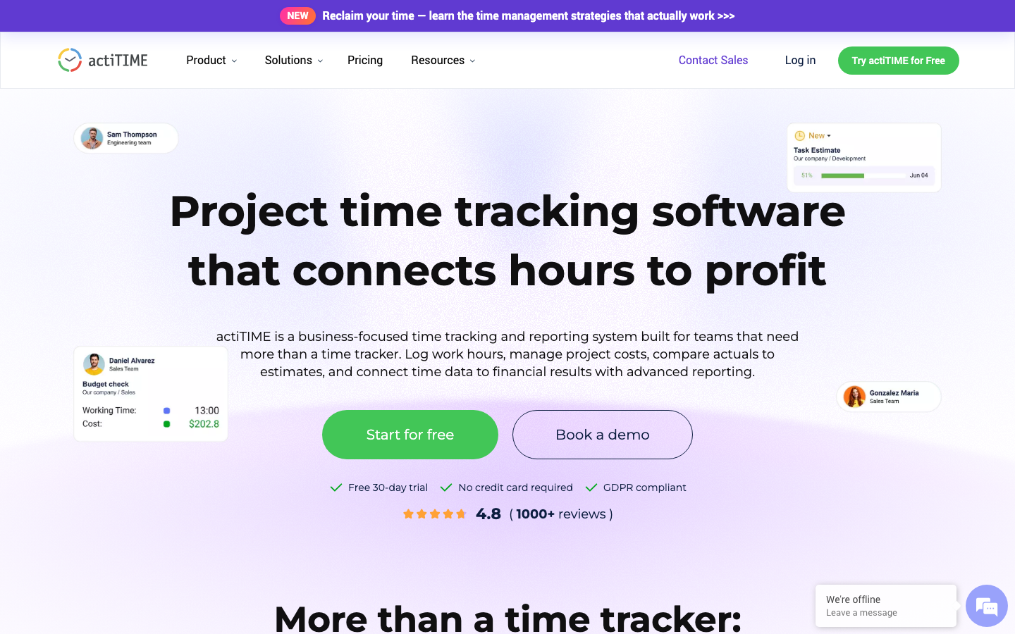 actiTIME Homepage: Projektzeiterfassung mit Budgets, Freigaben und Abrechnung