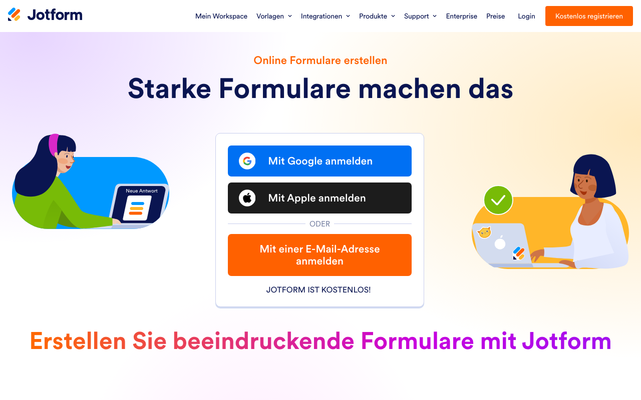 JotForm Startseite - komplexe Formulare und Workflow-Automatisierung