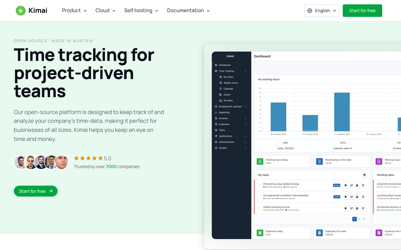 Kimai Homepage: Open-Source-Zeiterfassungstool für selbstgehostete und Cloud-Lösungen