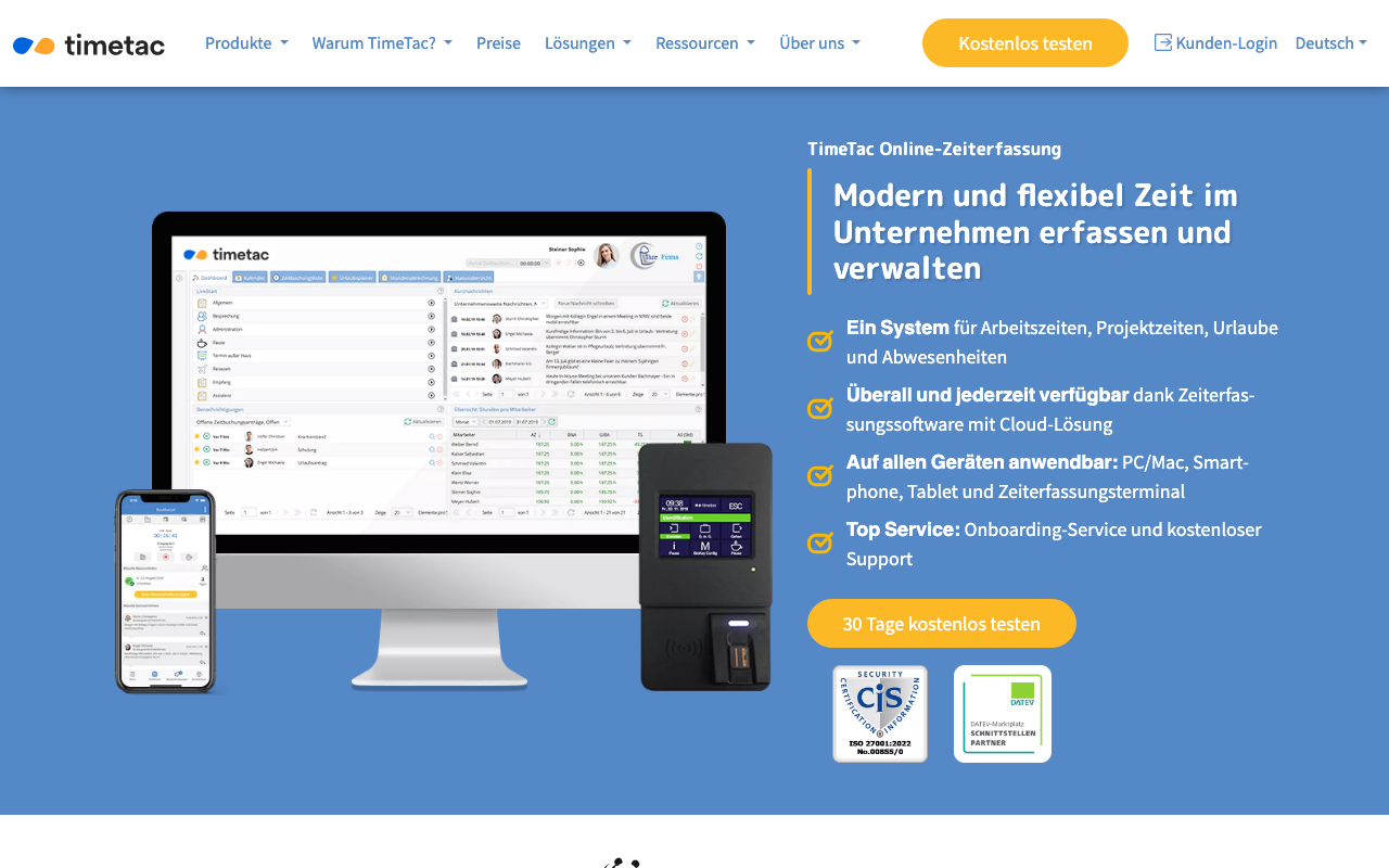 TimeTac Homepage: DACH-fokussierte Zeiterfassungslösung mit EU-Serverstandort und DSGVO-Konformität