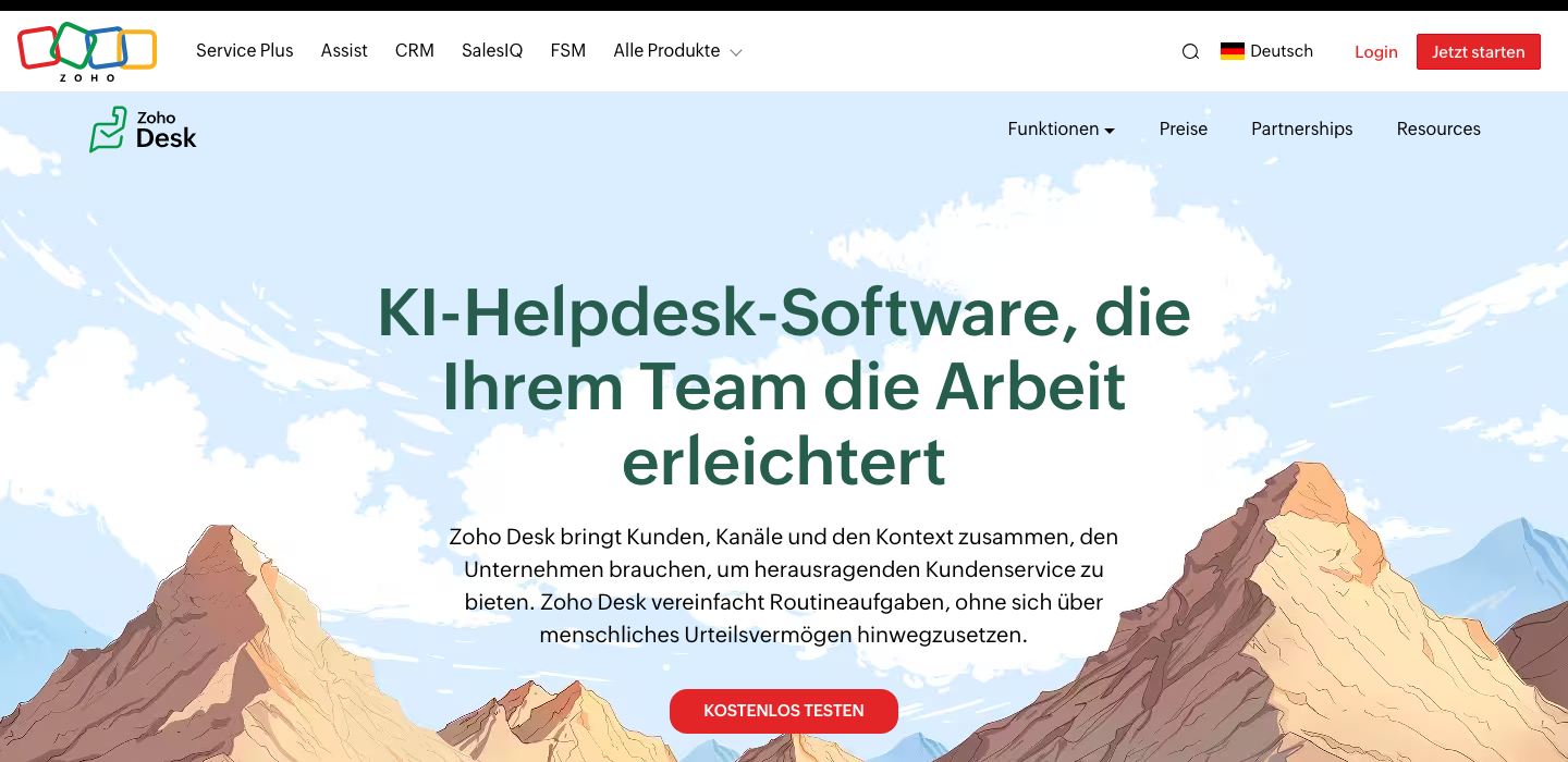 Zoho Desk Startseite mit KI-Helpdesk-Software und Zia-Assistent im Hintergrund.