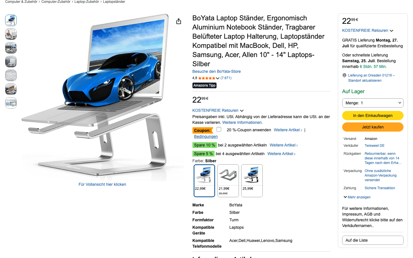 BoYata Laptop Ständer aus Aluminium, höhenverstellbar, auf Amazon.de