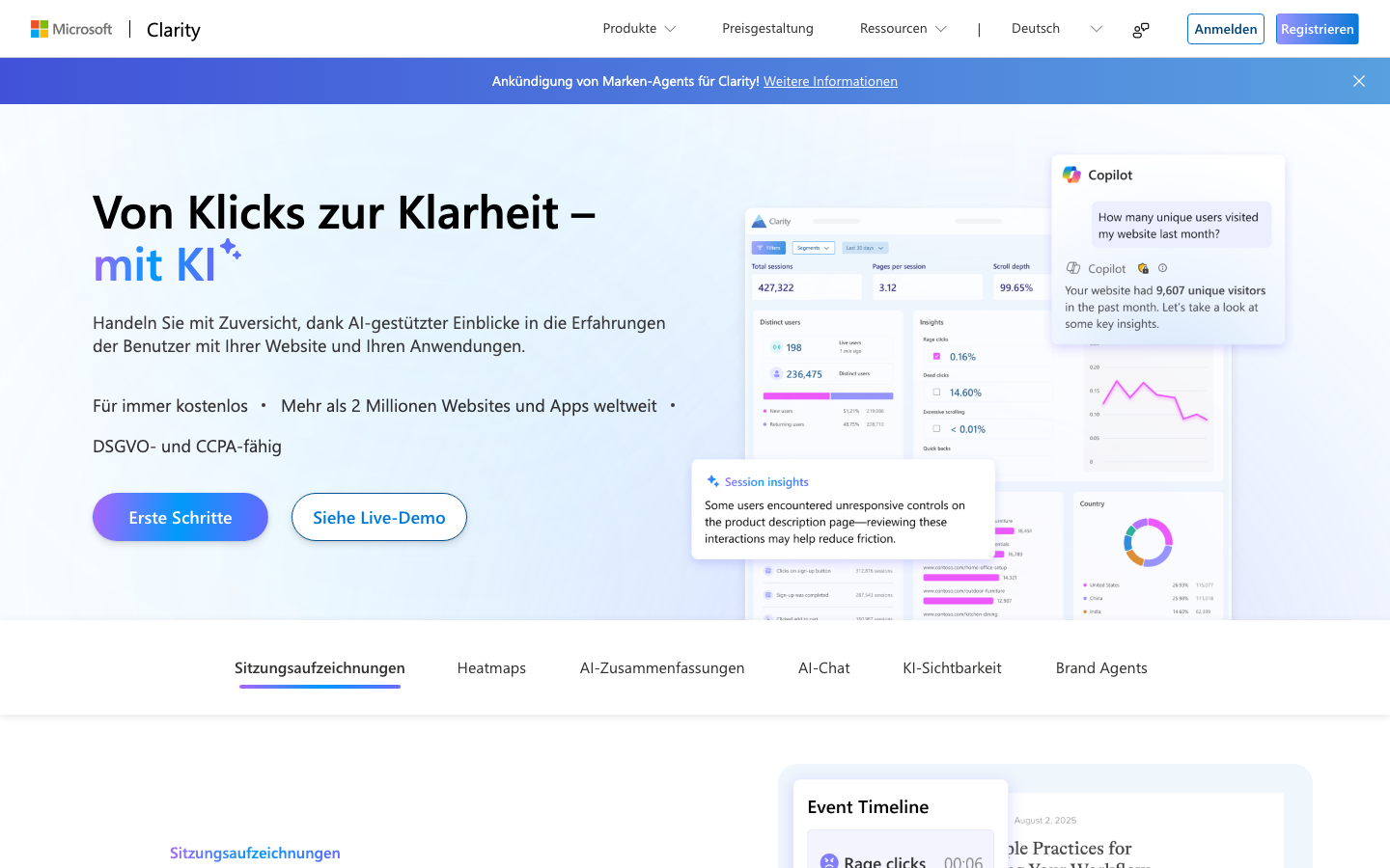 Microsoft Clarity Screenshot: kostenlose Heatmap- und Session-Recording-Plattform als Hotjar-Alternative