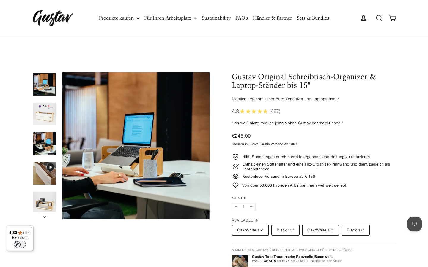 Gustav Original Schreibtisch-Organizer mit Laptop-Ständer-Funktion auf der Herstellerseite