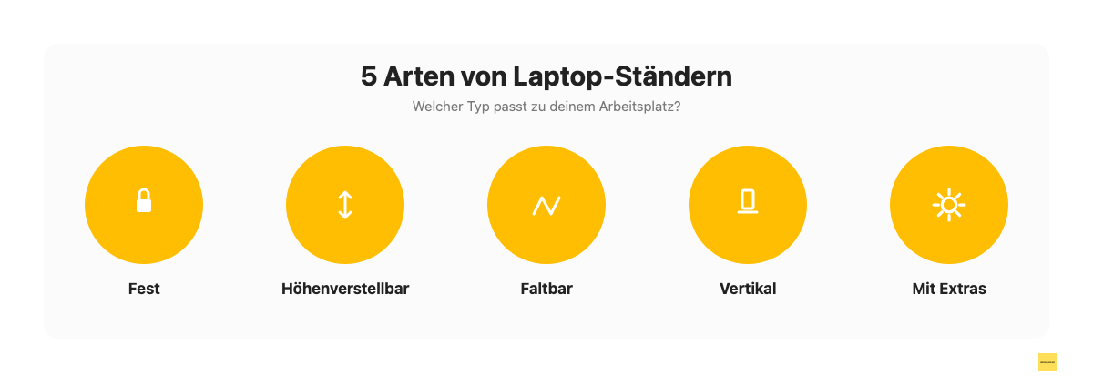 Fünf Arten von Laptop-Ständern im Überblick: fest, höhenverstellbar, faltbar, vertikal, mit Zusatzfunktion
