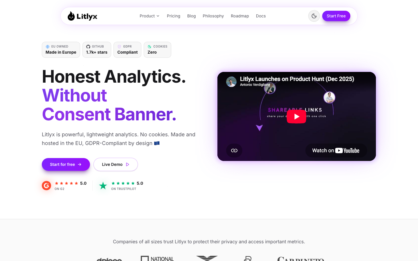 Litlyx Screenshot: cookieloses Web-Analytics-Dashboard mit Hosting in der EU