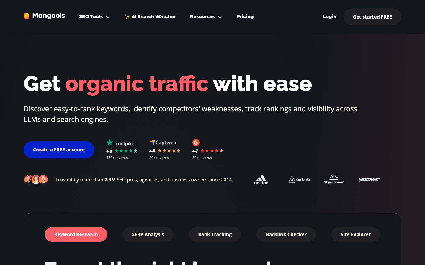 Startseite von Mangools, einer SEMrush-Alternative für Solo-SEOs und Freelancer