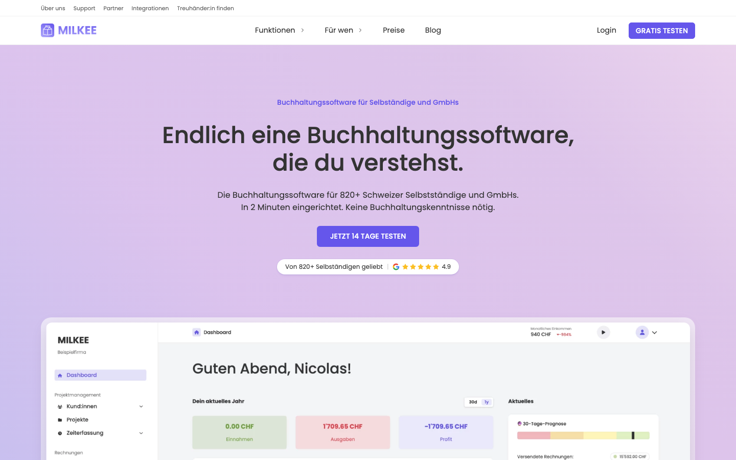 MILKEE Startseite, Buchhaltungssoftware für Schweizer Selbständige und GmbHs