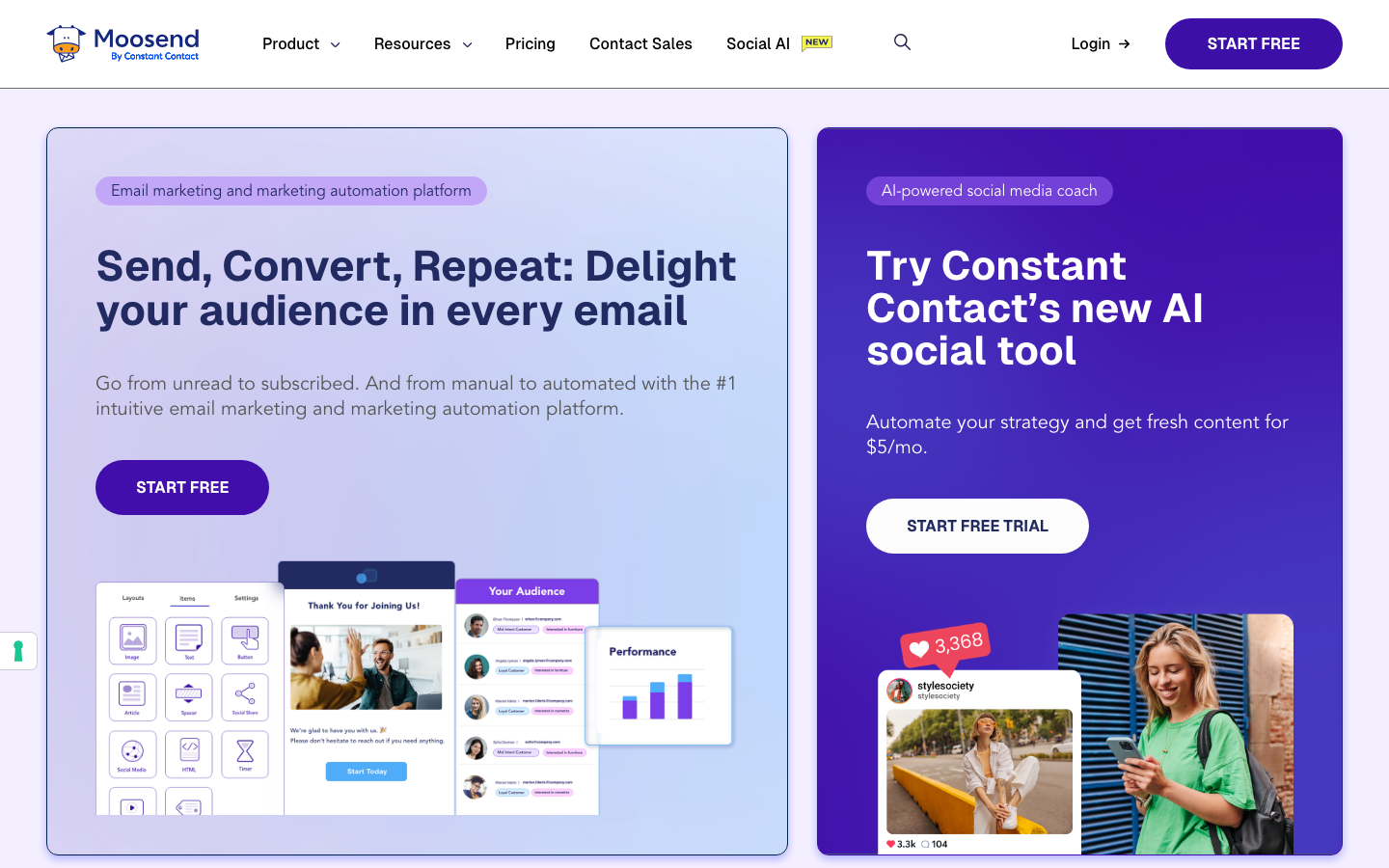 Startseite von Moosend, einer ConvertKit-Alternative mit flexiblen Automationen