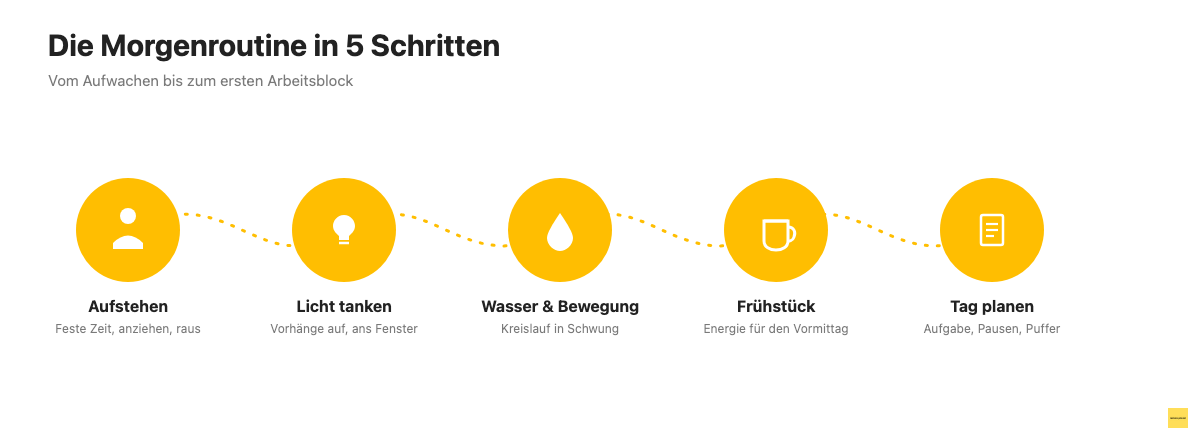 Infografik: fünf Schritte einer Morgenroutine im Homeoffice, Aufstehen, Licht, Wasser und Bewegung, Frühstück, Tagesplanung