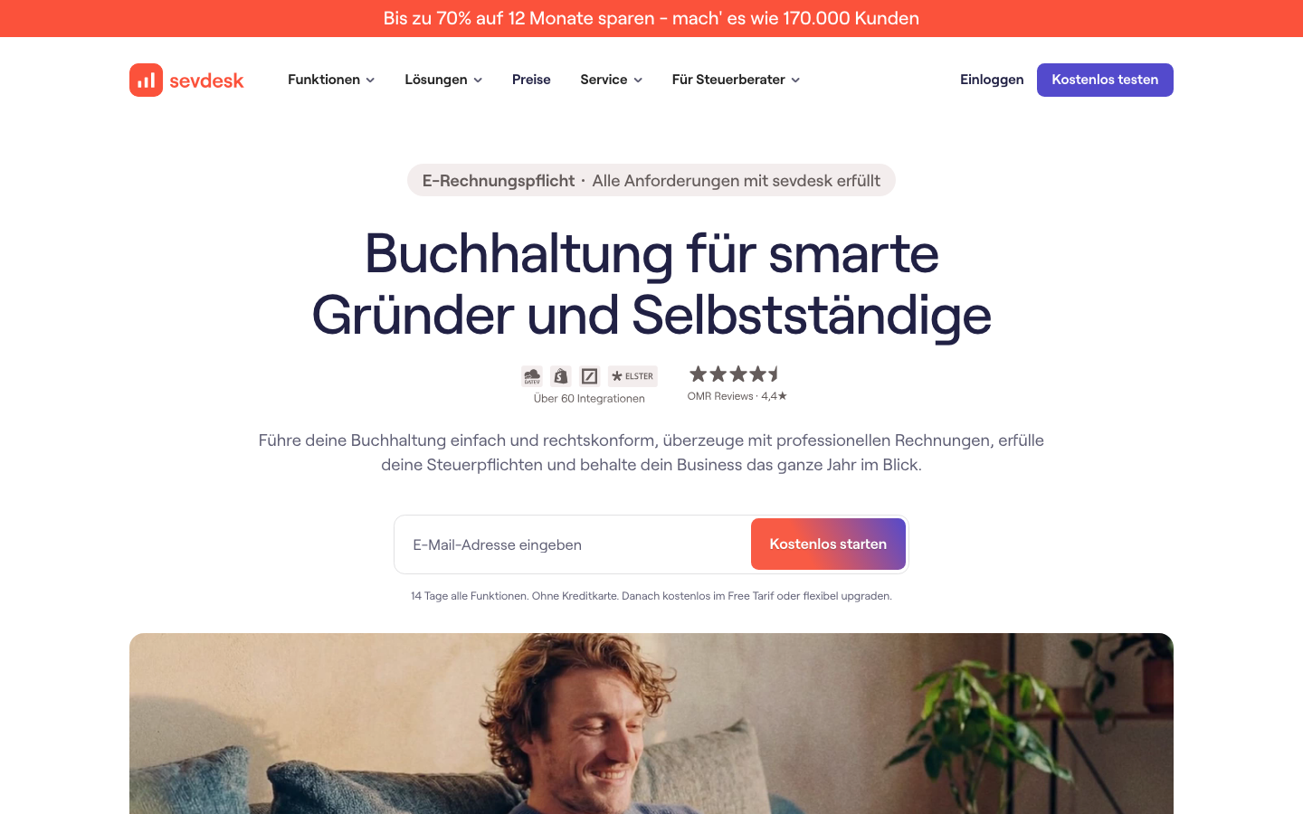 sevDesk Startseite, deutsche Buchhaltungssoftware als QuickBooks-Alternative