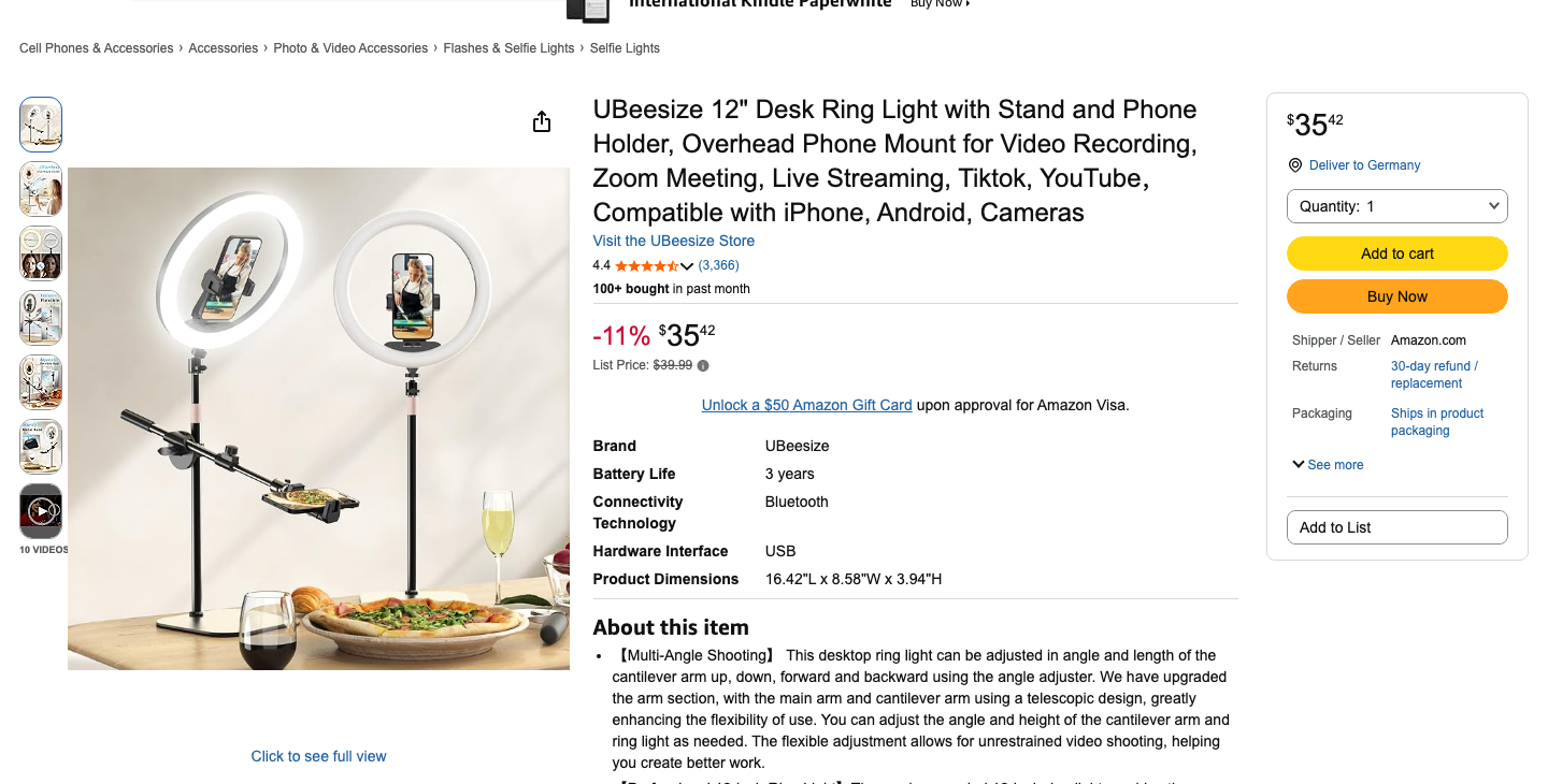 UBeesize 12 Zoll Desk-Ringlicht mit Auslegerarm bei Amazon