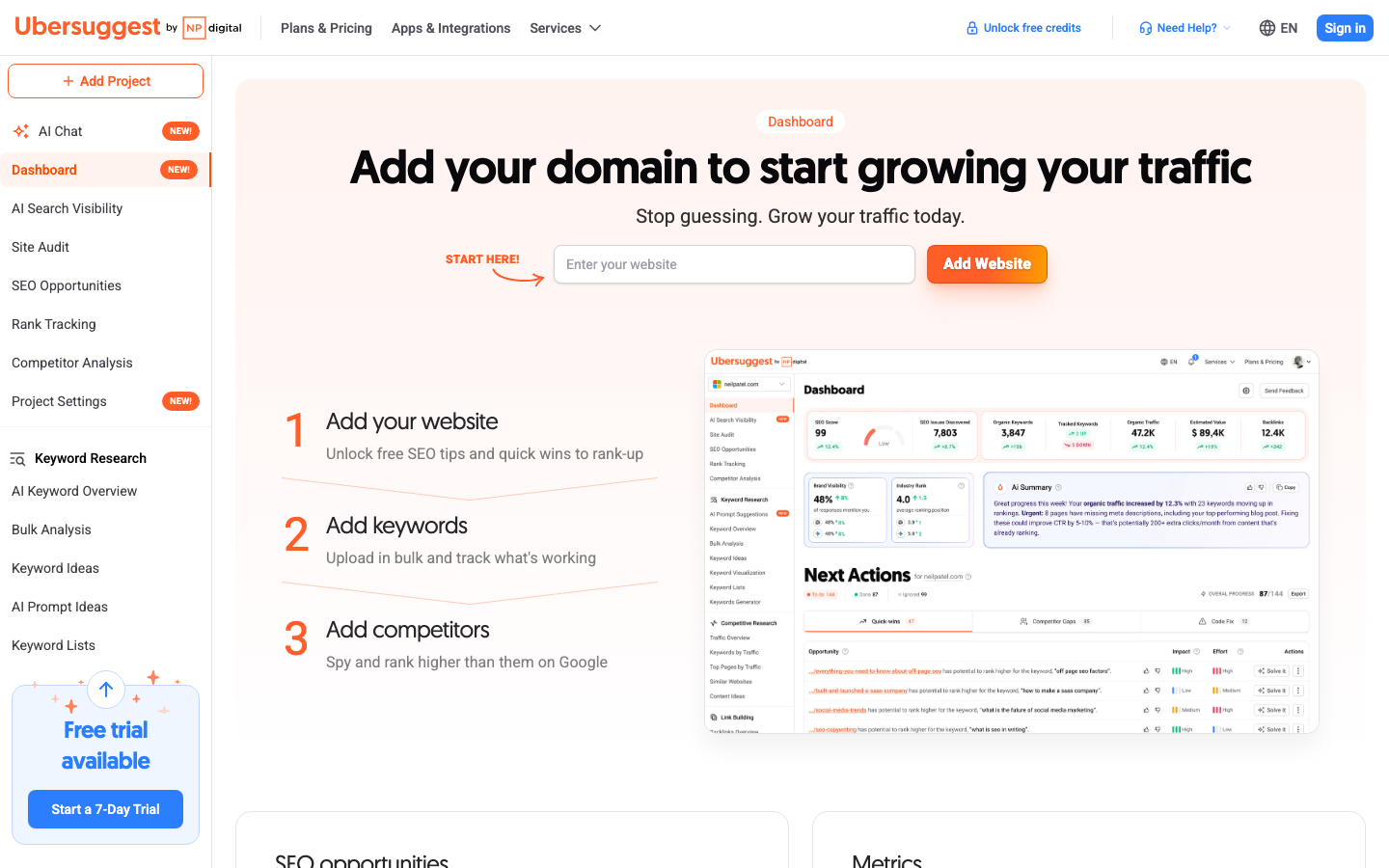 Ubersuggest Dashboard, einer einsteigerfreundlichen SEMrush-Alternative