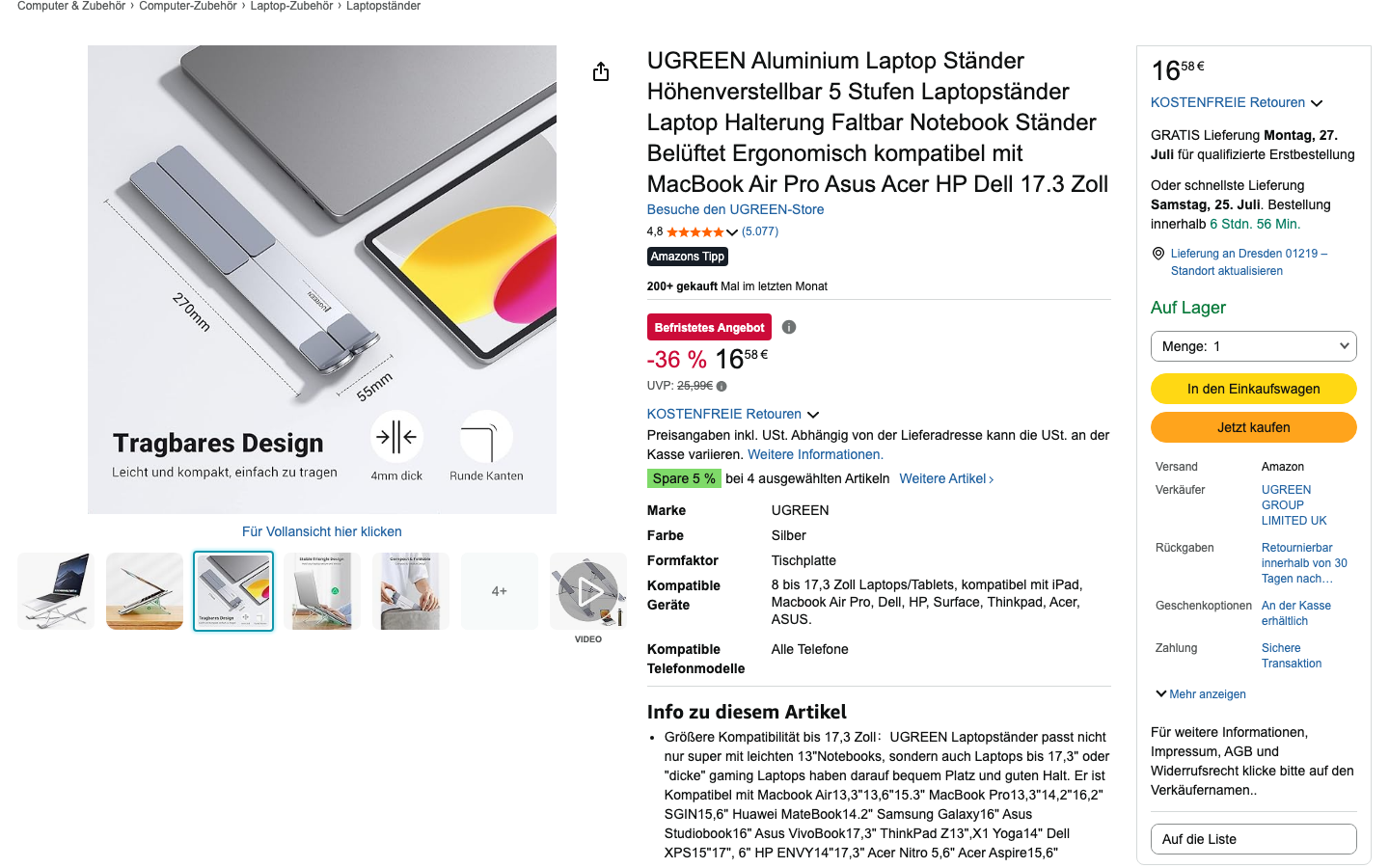 UGREEN höhenverstellbarer Aluminium Laptop-Ständer auf Amazon.de
