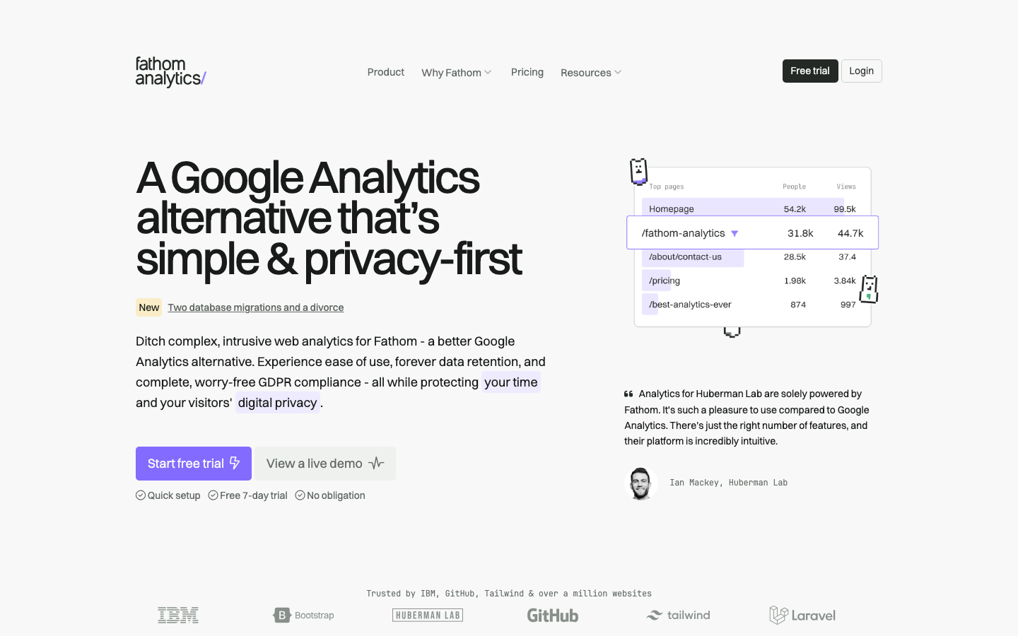 Fathom Analytics Screenshot: einfaches, privatsphärefreundliches Analytics-Dashboard