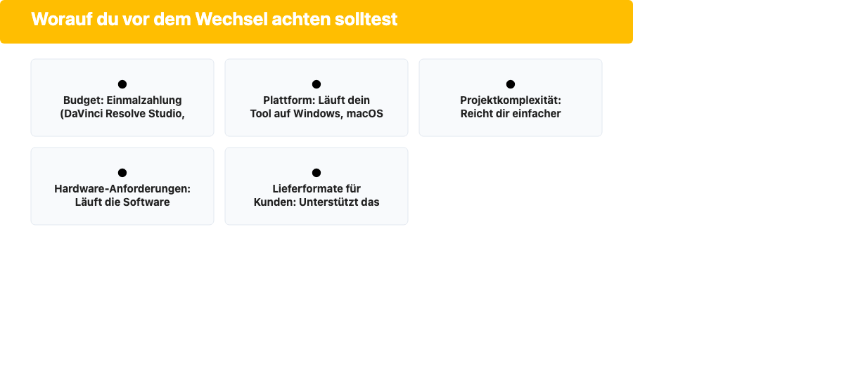 Kriterien vor dem Wechsel von Premiere Pro: Budget, Plattform, Projektkomplexität, Hardware, Lieferformate