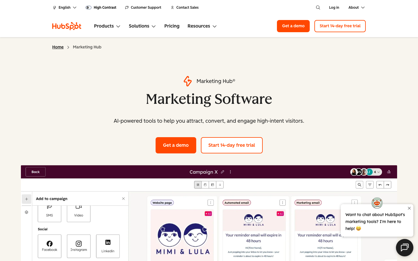 HubSpot Marketing Hub Startseite als CRM-integrierte ActiveCampaign Alternative