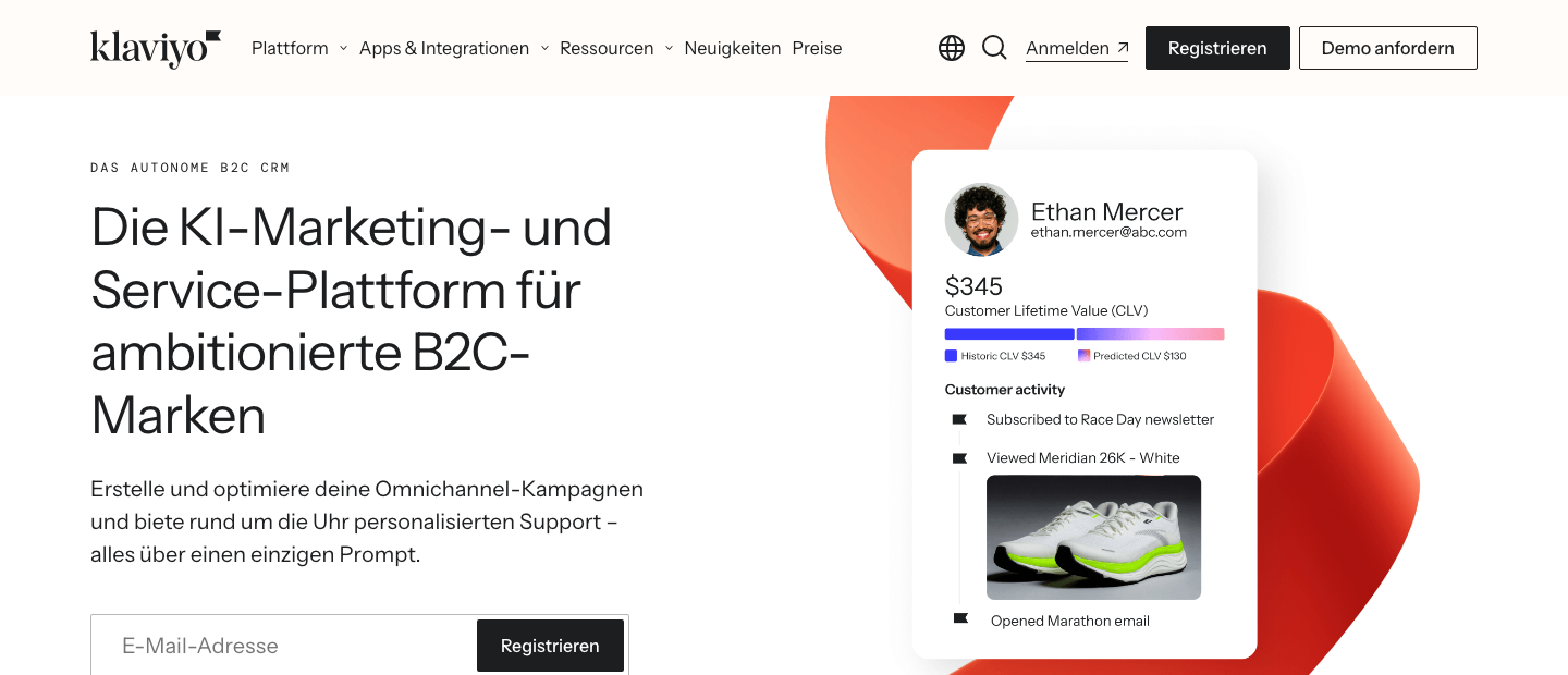 Klaviyo Startseite als E-Commerce ActiveCampaign Alternative mit Segmentierung