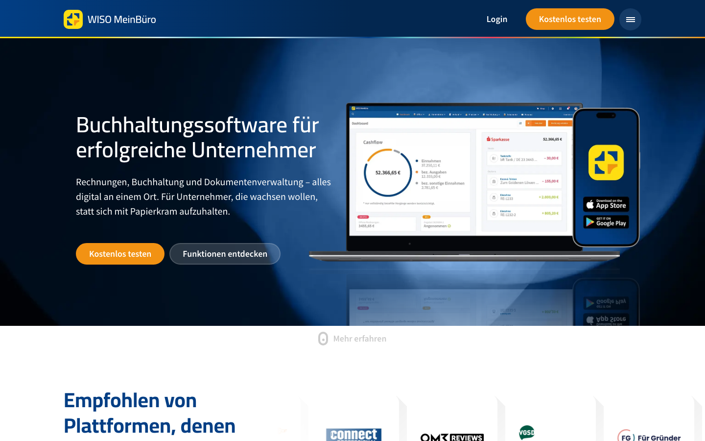 WISO MeinBüro Startseite, Buchhaltung und Warenwirtschaft für Unternehmer