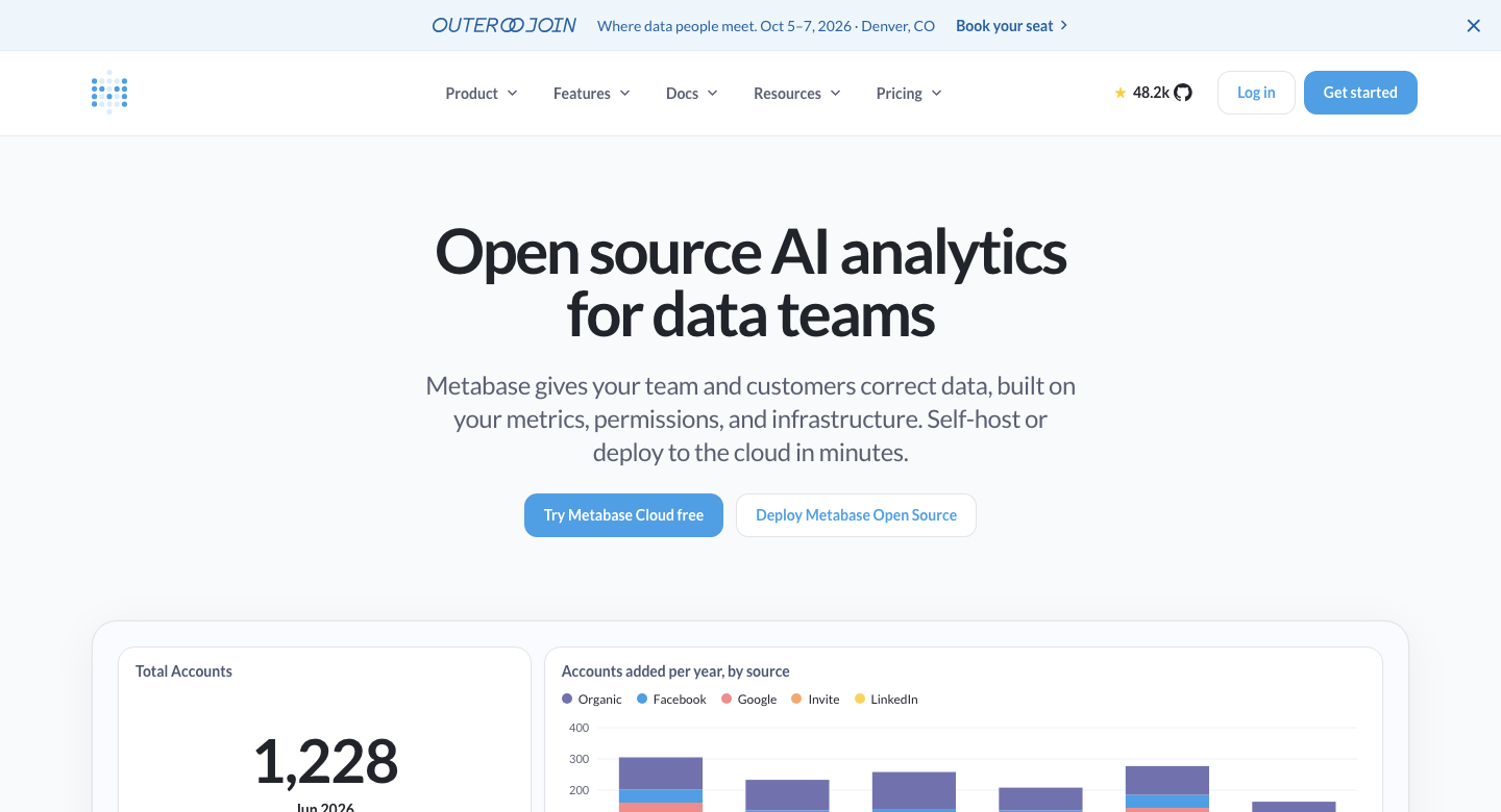 Metabase Screenshot: Open-Source-BI-Startseite