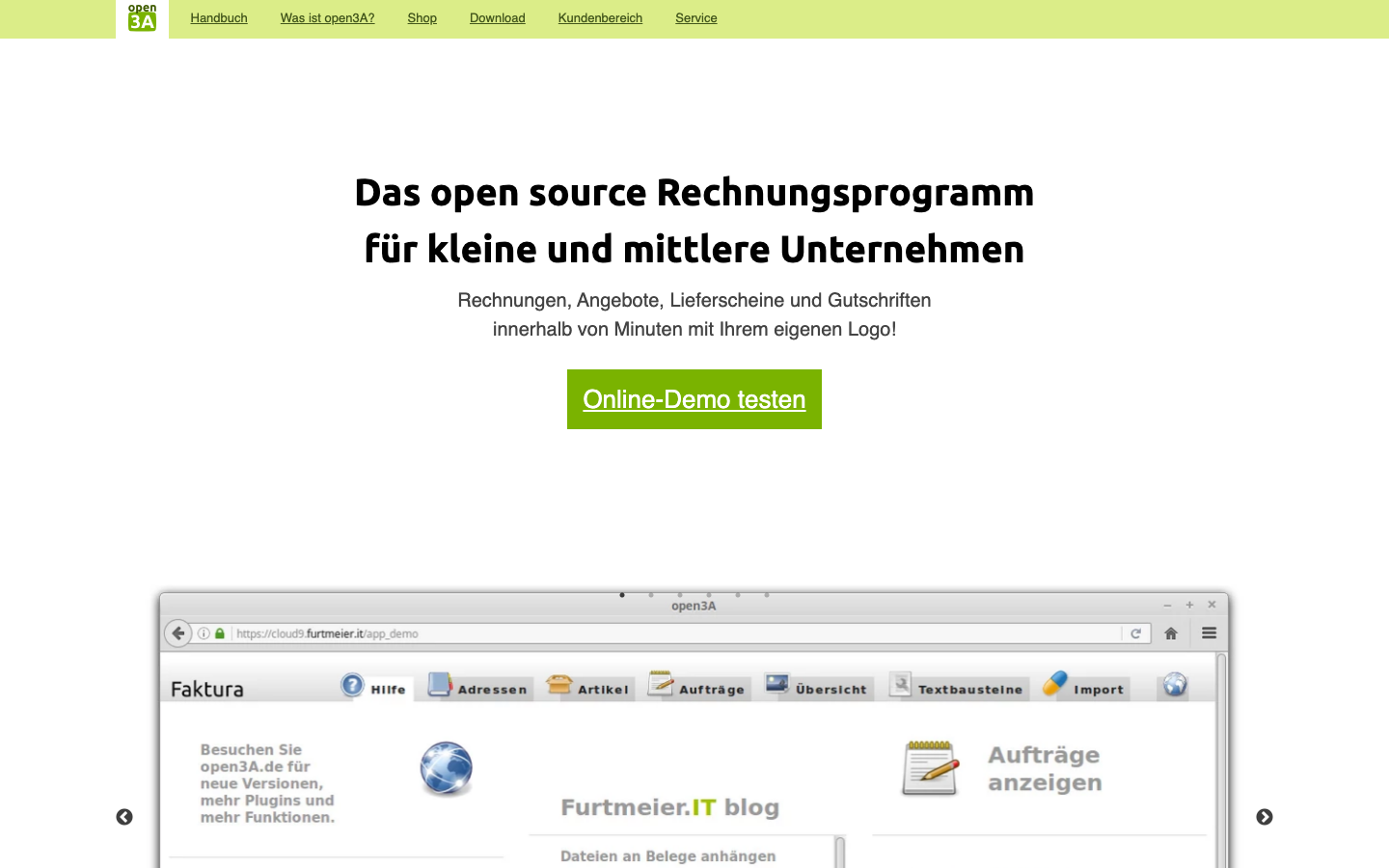 open3A Startseite, Open-Source-Rechnungsprogramm für kleine und mittlere Unternehmen