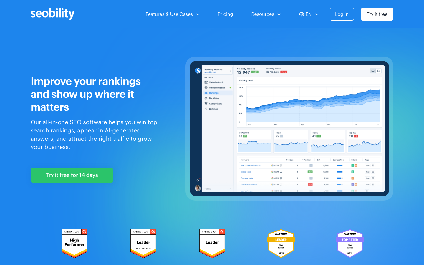 Startseite von Seobility, einer kostenlosen SEMrush-Alternative für Einsteiger