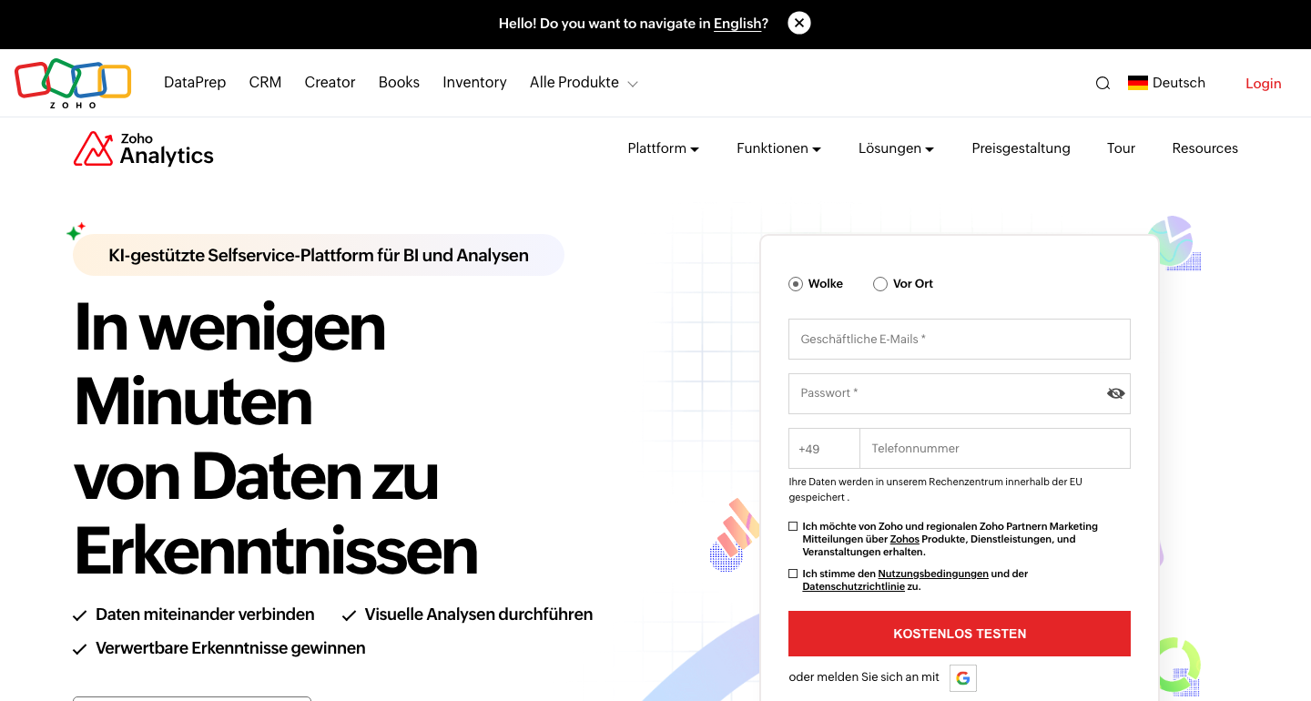 Zoho Analytics Screenshot: KI-gestützte Selfservice-BI-Plattform