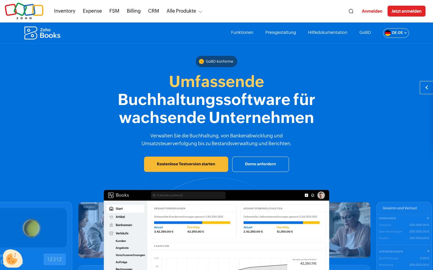 Zoho Books Startseite, internationale Buchhaltungssoftware mit deutscher Edition