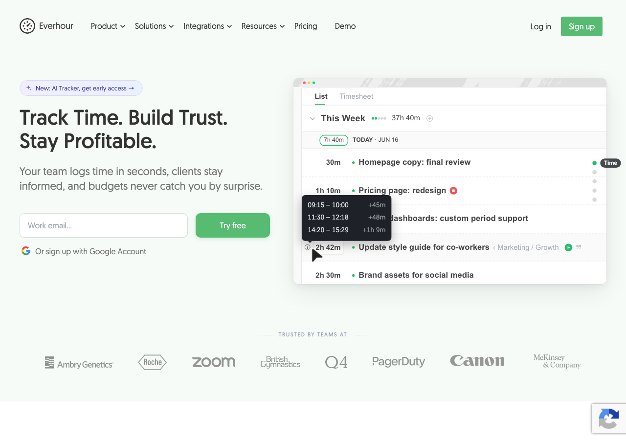 Everhour Startseite, Zeiterfassung mit Reporting