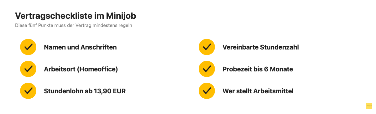 Checkliste mit den fünf Pflichtangaben eines seriösen Minijob-Vertrags im Homeoffice