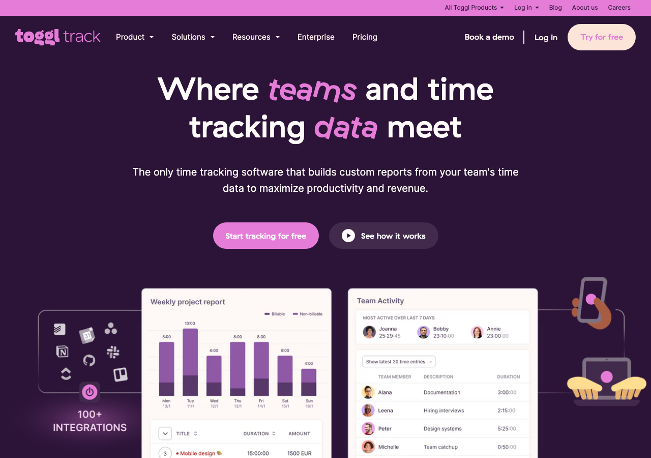 Toggl Track Startseite, Zeiterfassung fuer Teams
