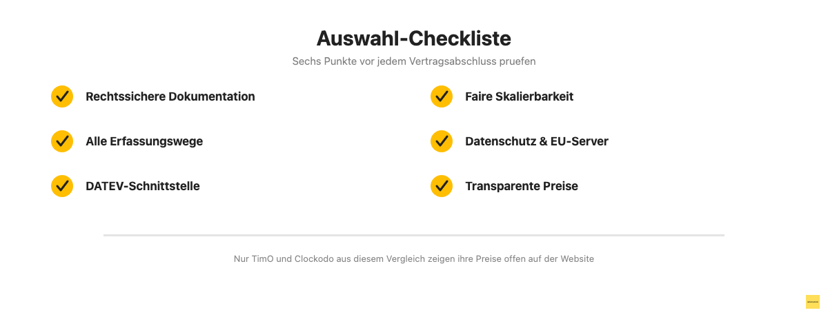 Checkliste mit sechs Auswahlkriterien für digitale Zeiterfassung