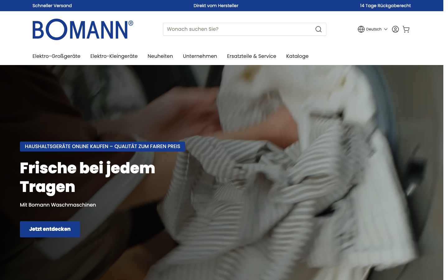 Startseite des Haushaltsgeräteherstellers Bomann