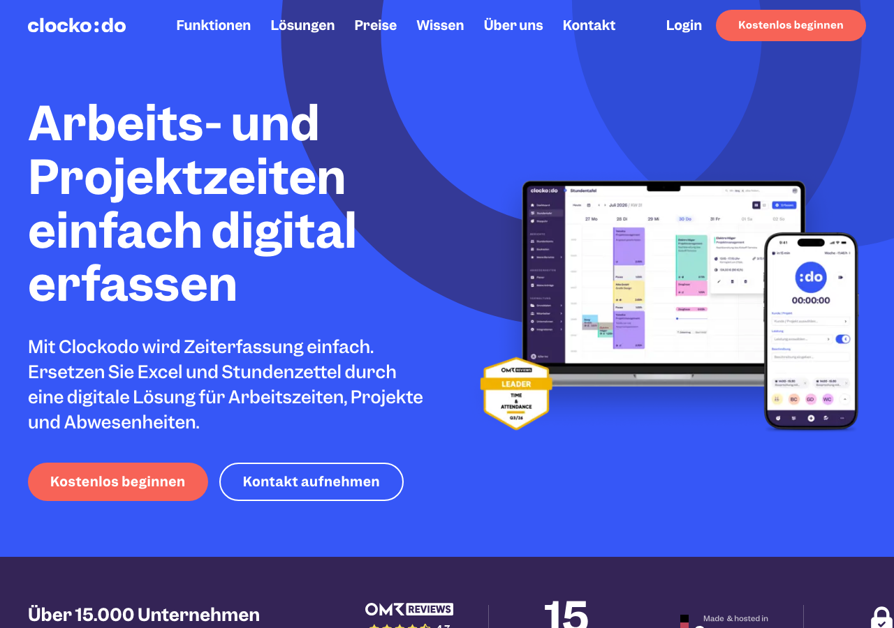 Clockodo Startseite, deutsche Zeiterfassungssoftware