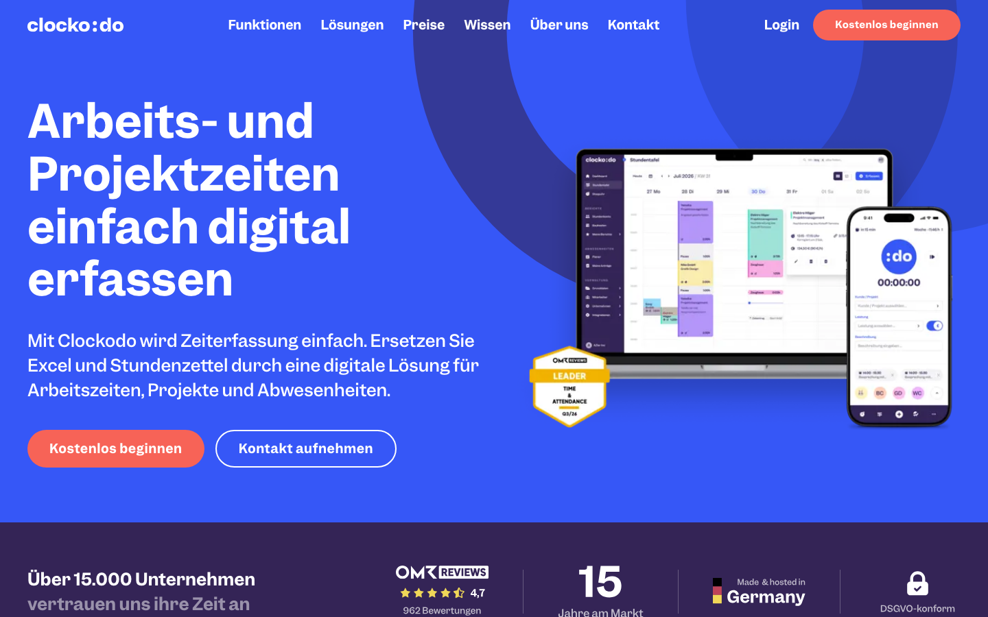 Clockodo Startseite, Zeiterfassung mit kostenloser Version für Einzelselbstständige