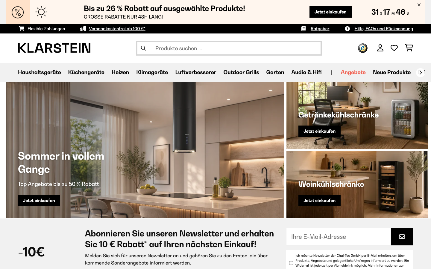 Startseite von Klarstein mit Getränkekühlschränken im Sortiment