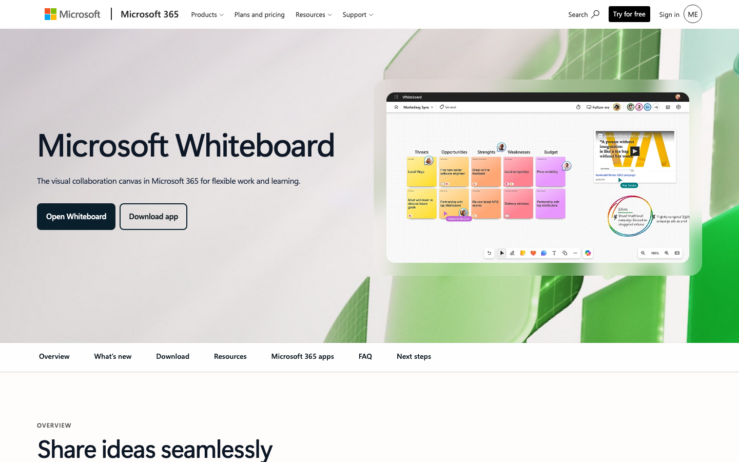 Startseite von Microsoft Whiteboard, der kostenlosen M365-Alternative