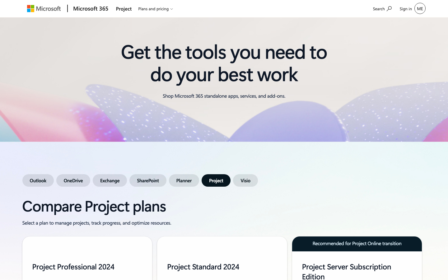 Screenshot der Microsoft Project Vergleichsseite