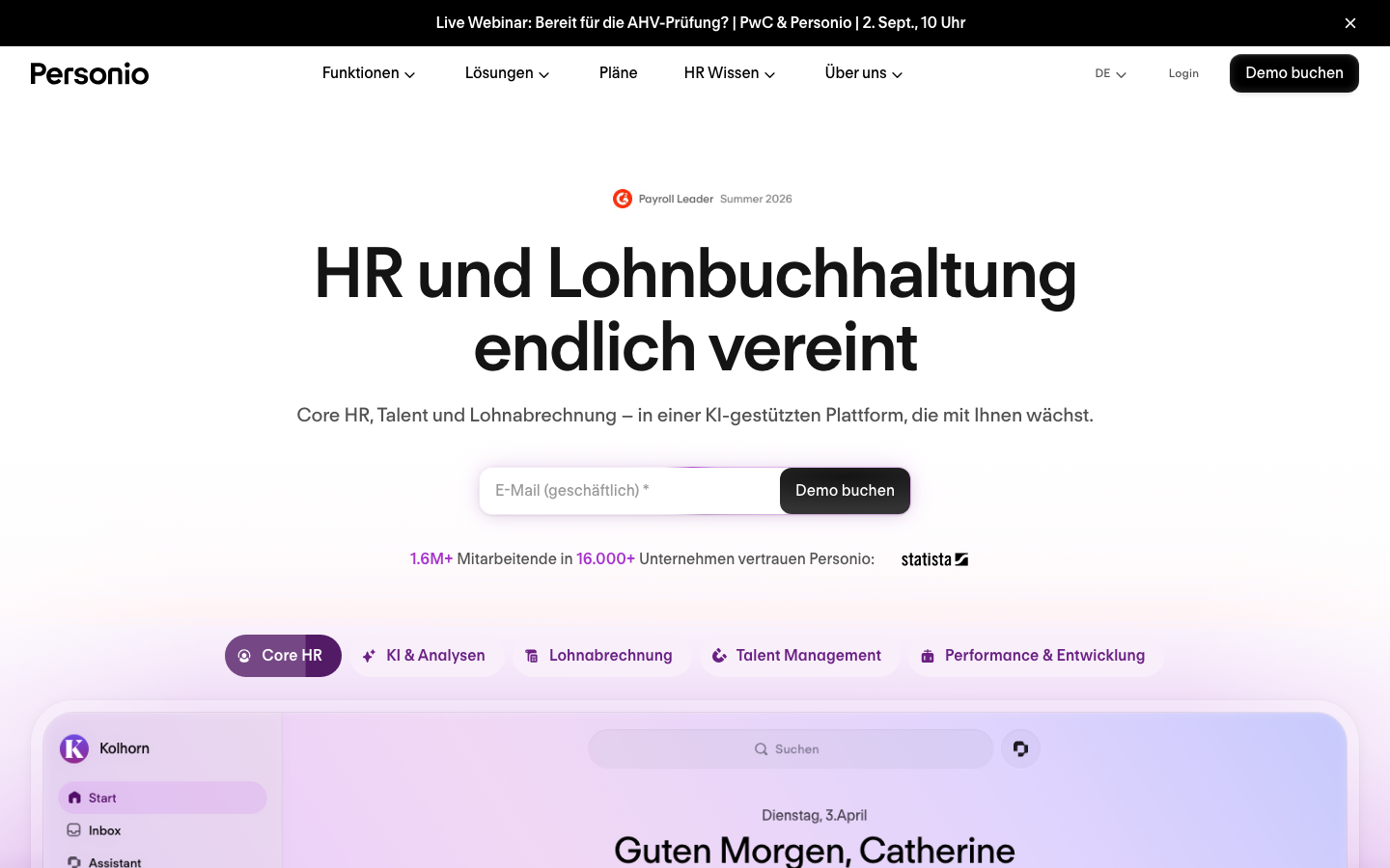 Personio Startseite, HR-Suite mit Zeiterfassung als eingebettetes Modul