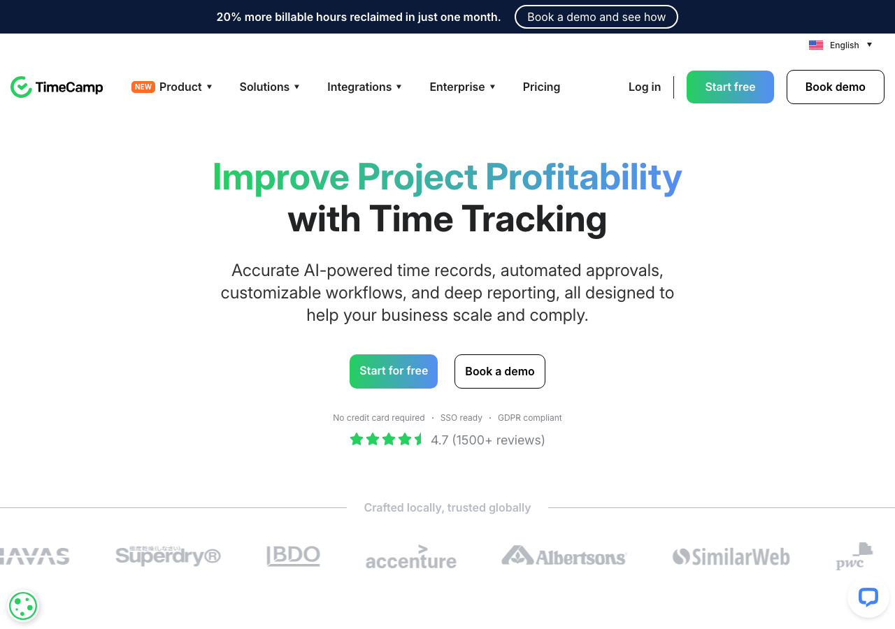 TimeCamp Startseite mit unbegrenztem Free-Plan