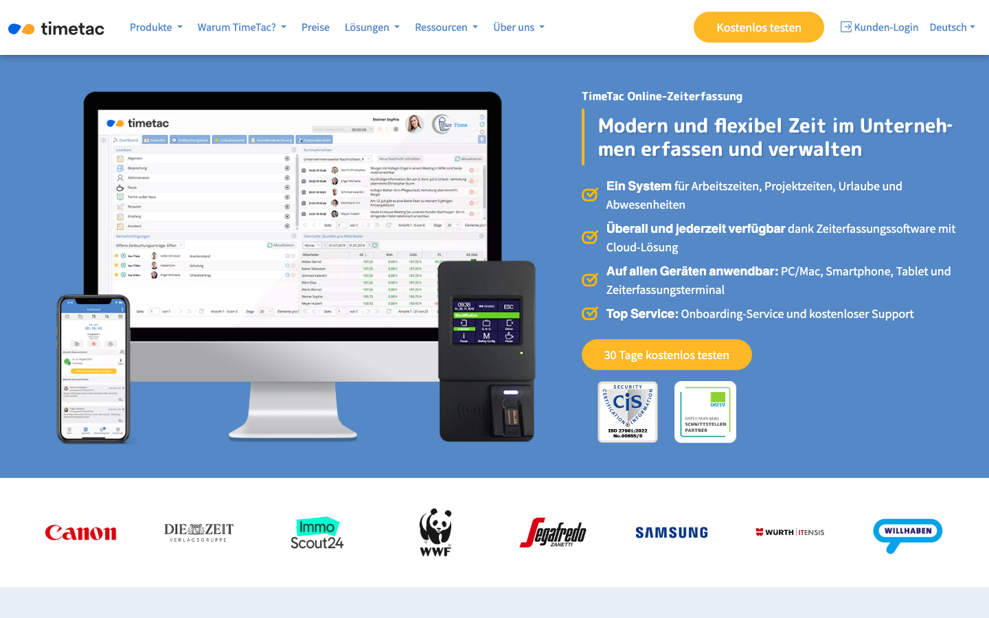 TimeTac Startseite, modulare Zeiterfassungslösung mit DATEV-Schnittstelle