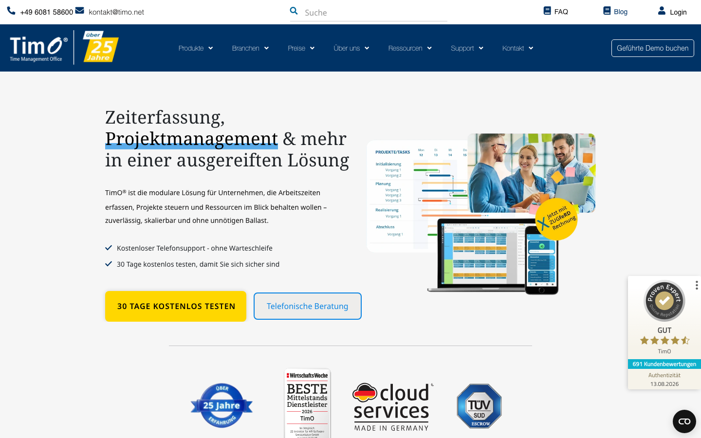 TimO Startseite, Anbieter für digitale Zeiterfassung mit gestaffelter Preisliste
