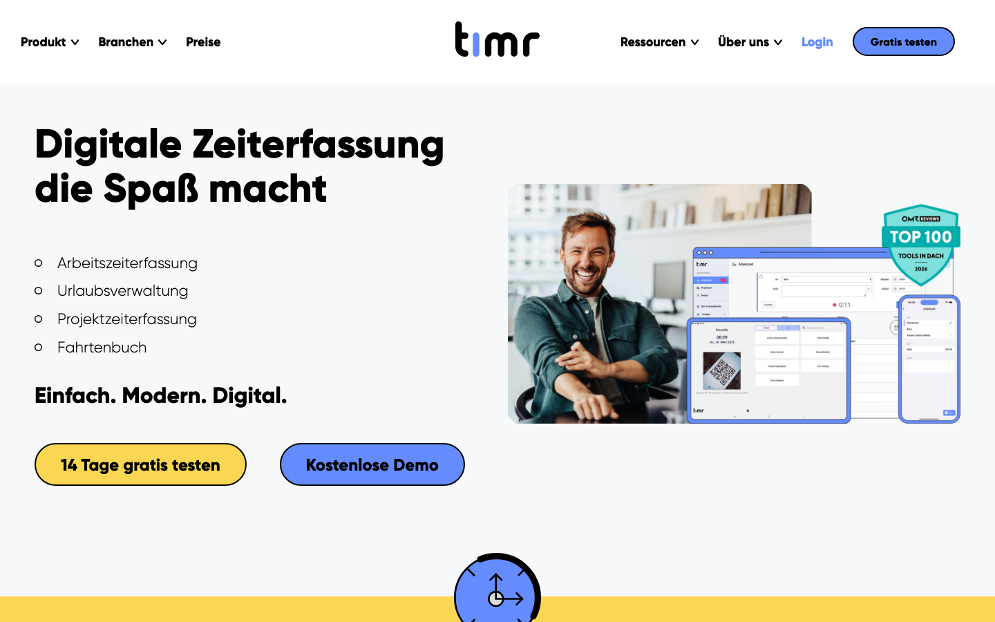 timr Startseite, Anbieter für digitale Zeiterfassung mit Fahrtenbuch-Modul