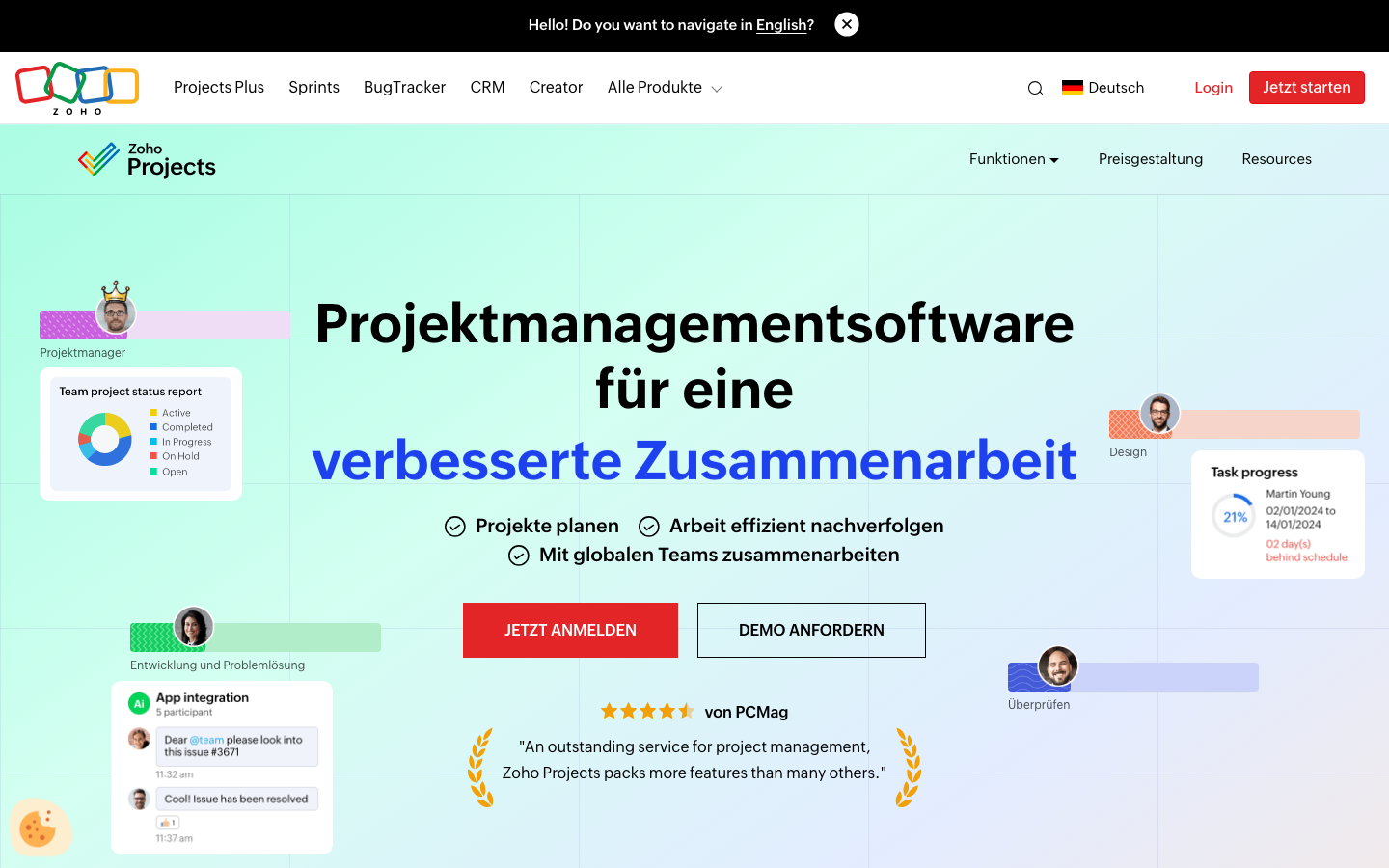 Screenshot der Zoho Projects Startseite