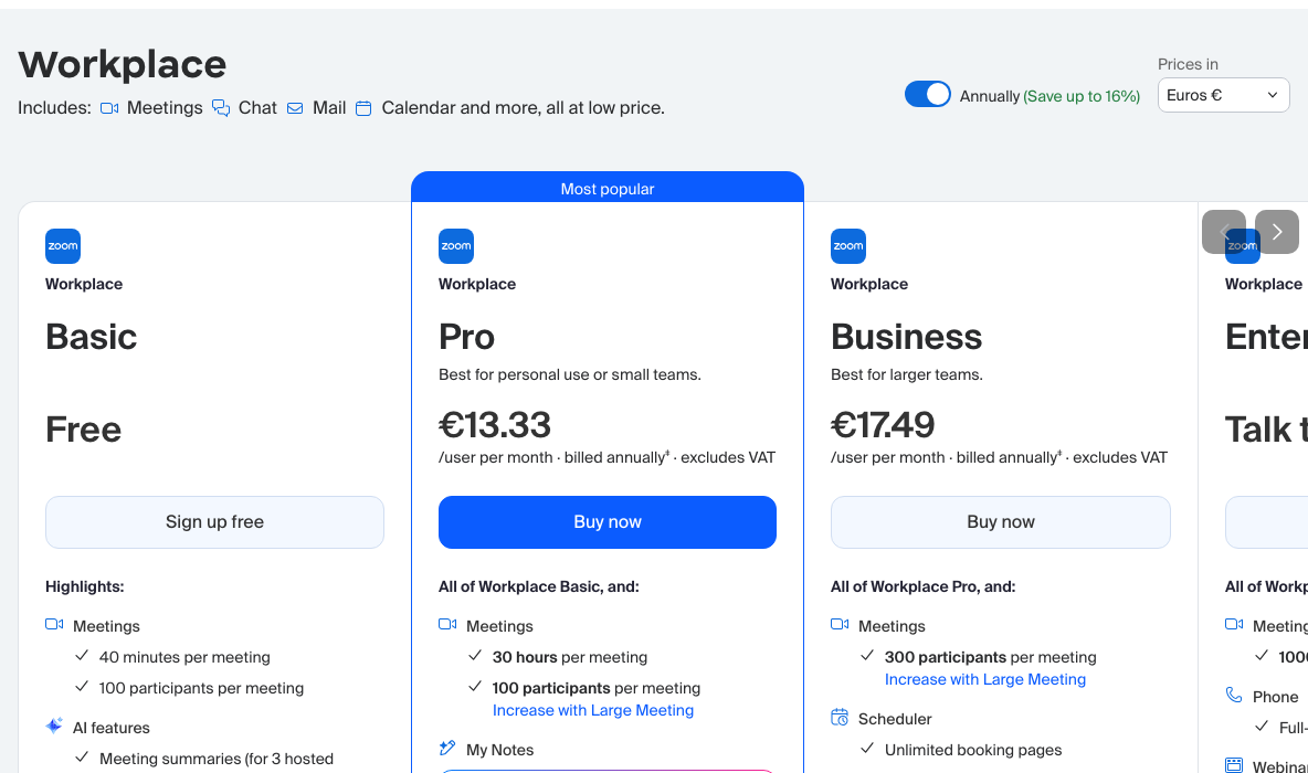 Screenshot der offiziellen Zoom-Preisseite mit Euro-Preisen für Basic, Pro und Business, jährliche Abrechnung