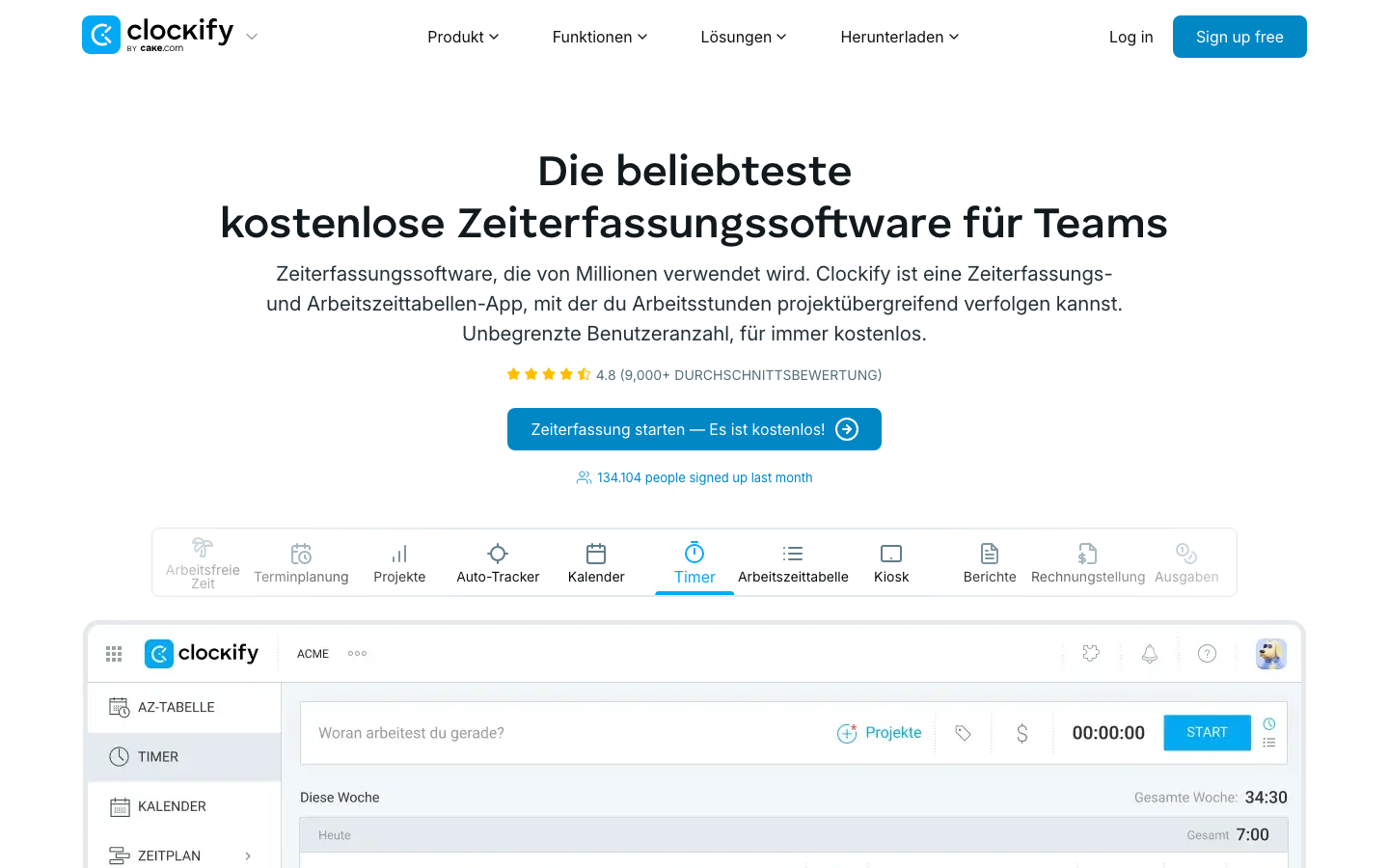 Clockify Startseite mit Zeiterfassung und Free-Plan