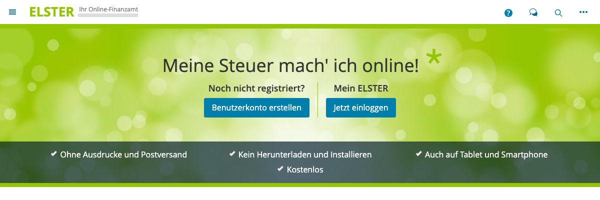 Startseite des ELSTER-Portals für die Steueranmeldung als Freelancer