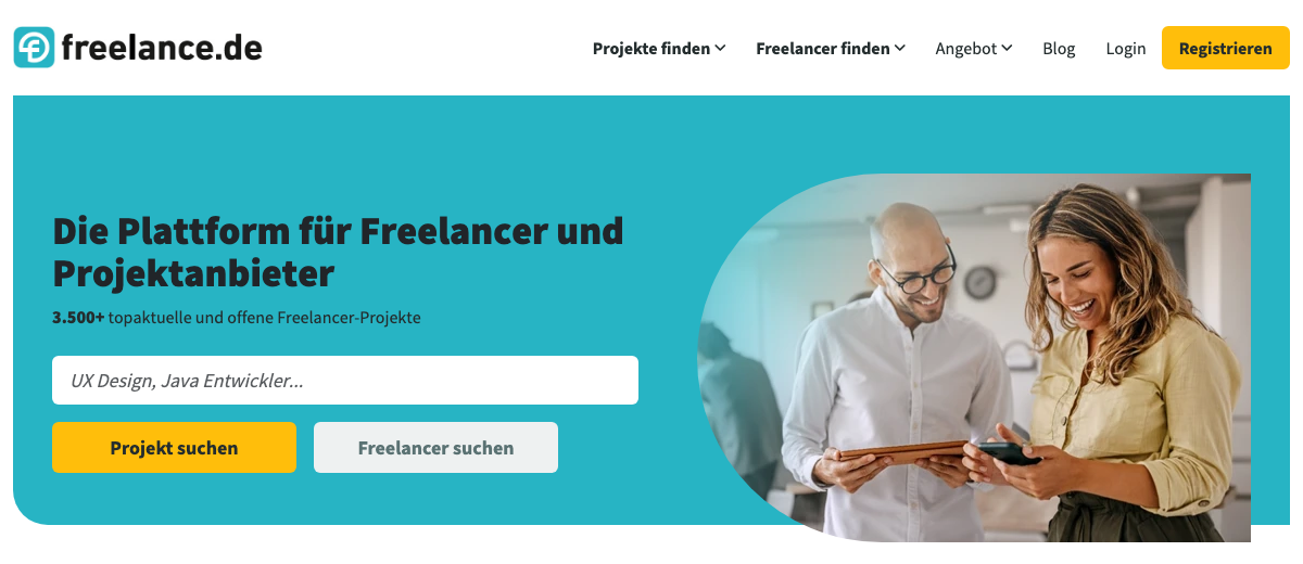 Startseite der Freelancer-Vermittlungsplattform freelance.de