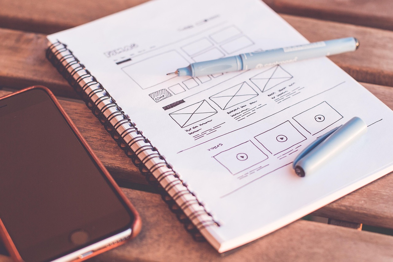 Notizbuch mit Wireframe-Skizzen und Smartphone auf einem Holztisch