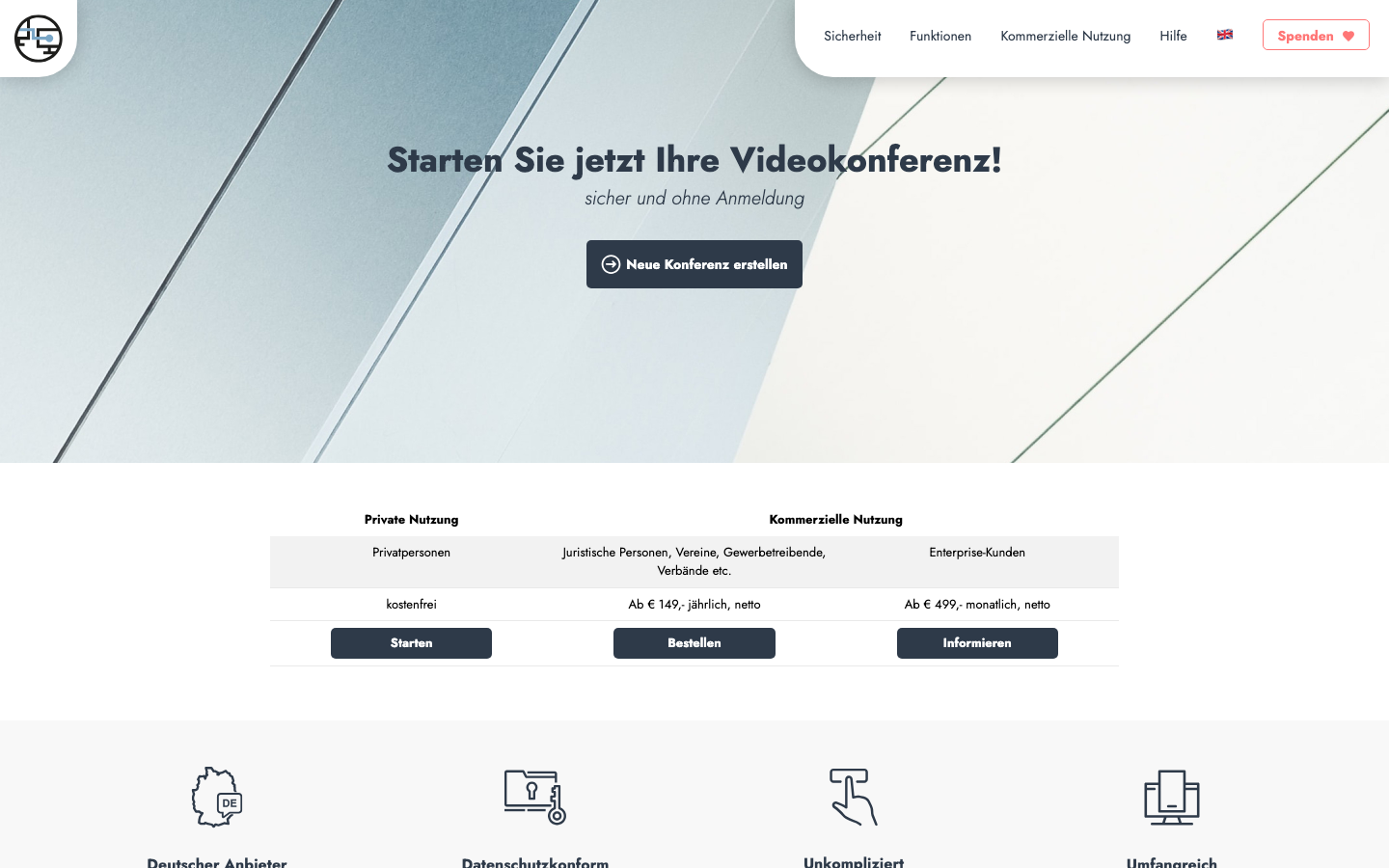 Startseite von sichere-videokonferenz.de mit privaten und kommerziellen Preisoptionen.